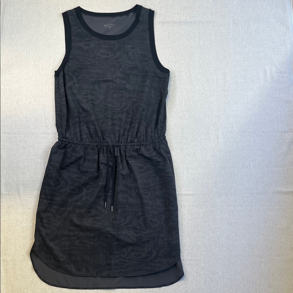 Athleta Sleeveless Dress Small Black Gray Drawstring Waist Active